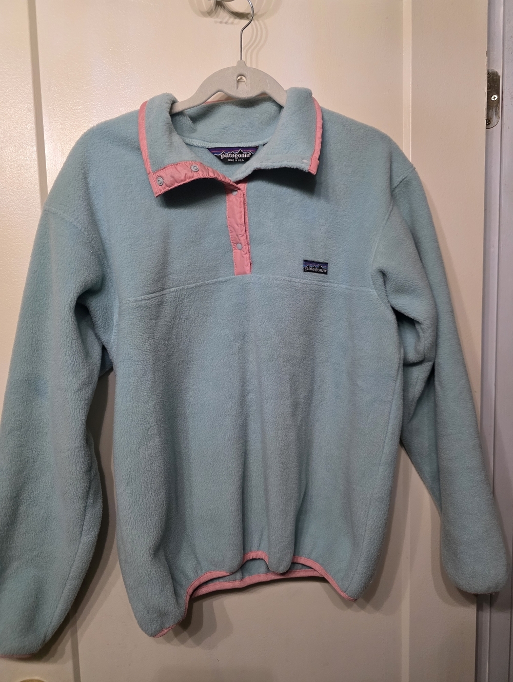 Patagonia Women’s Light Blue Fleece Pullover with Pink Trim